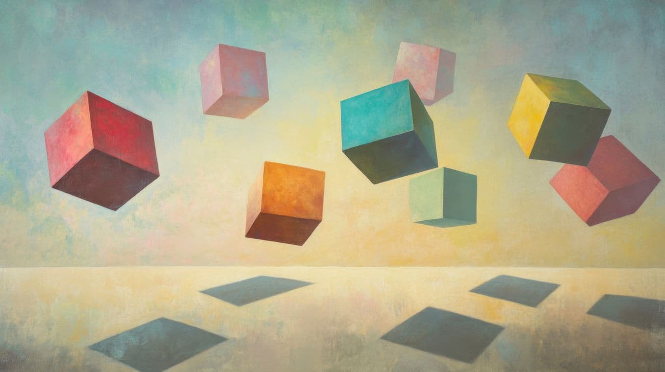 Floating colorful cubes casting shadows on a textured surface with a soft, gradient sky background.